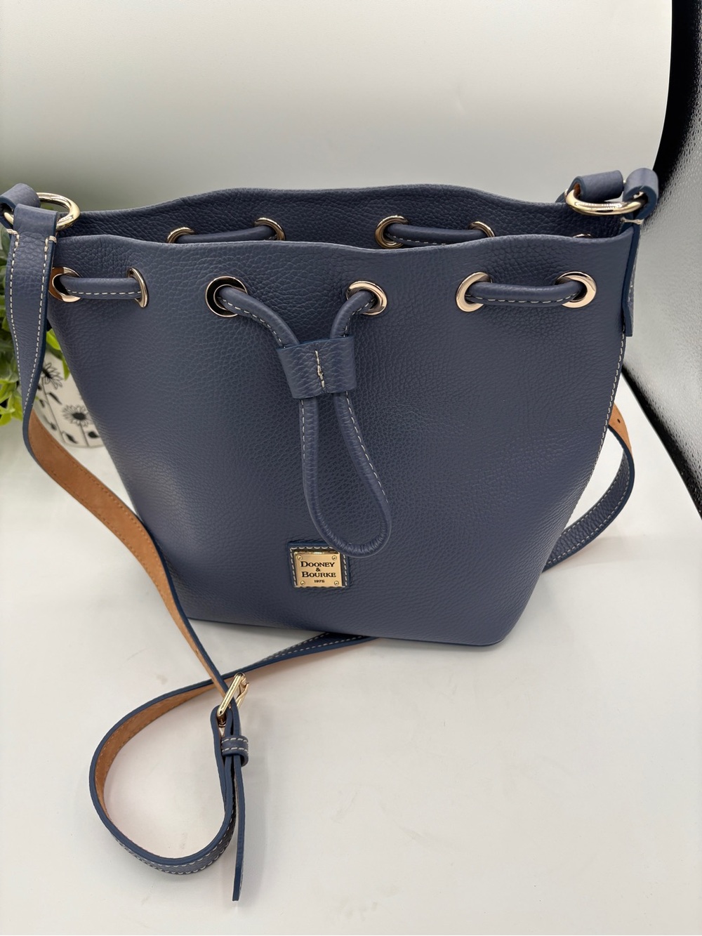 Dooney & Bourke Navy Pebble Leather Drawstring Bucket Crossbody